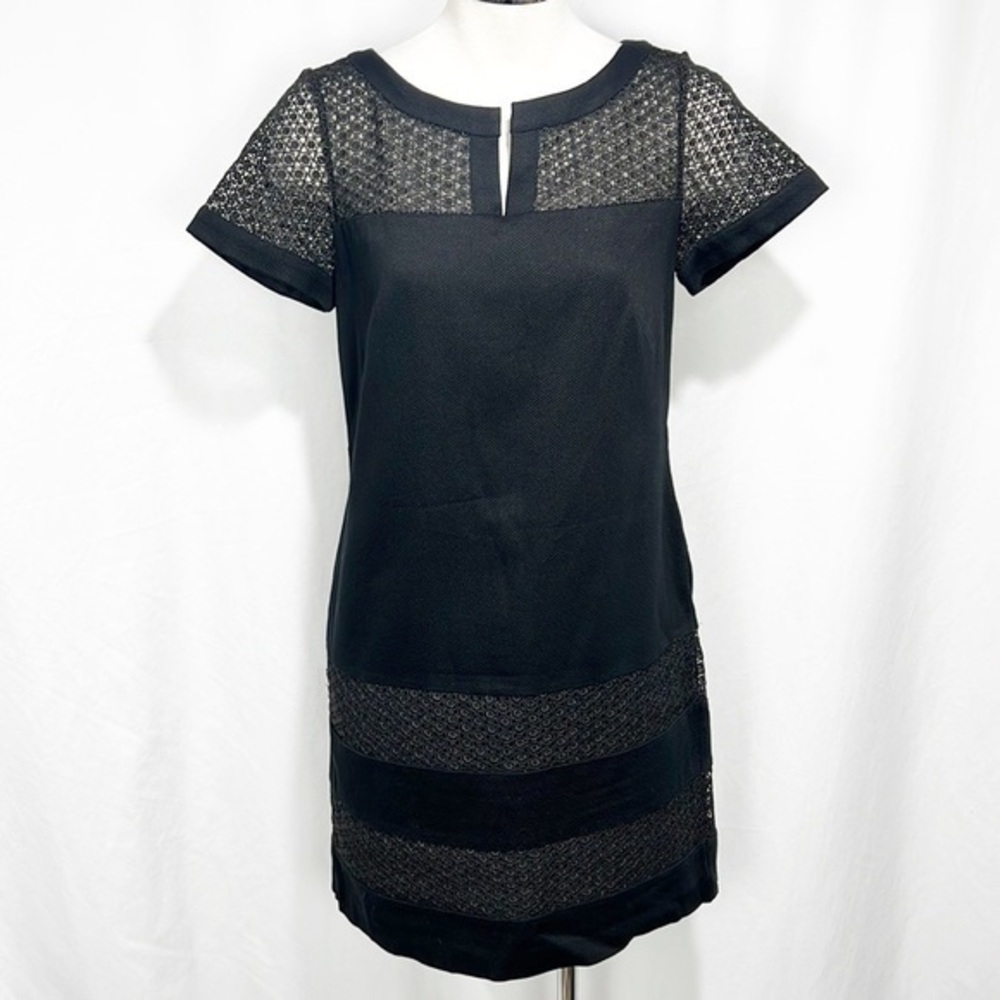 Ann Taylor Crochet Shift Sheath Dress Black Sz 0 Eyelet Pique Short Sleeves